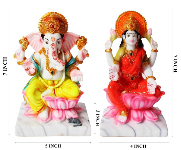 Hindu Deities Lakshmi and Ganesha Marble Statue (7 Inch) | Prosperity & Wisdom | Elegant Home Decor