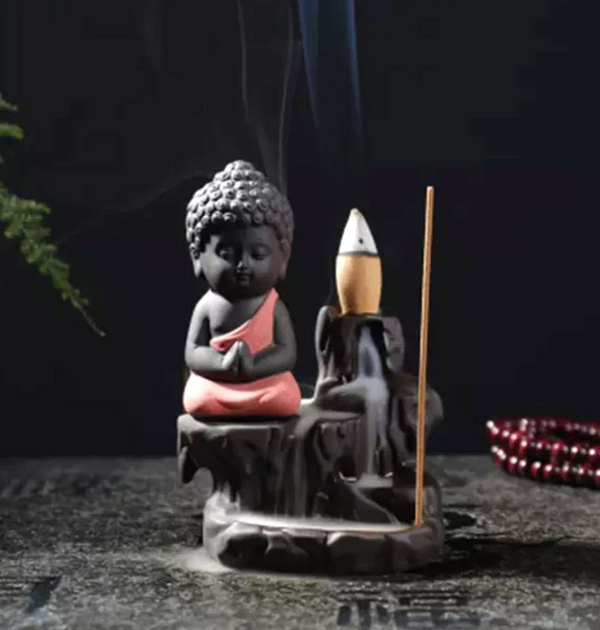 Meditating Monk Buddha Smoke Backflow Cone Incense Holder