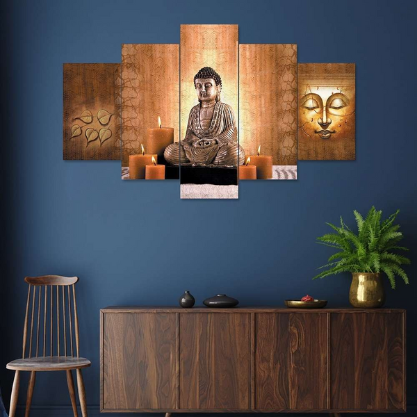 Buddha Set of Five 3D Framed Paintings for Wall Decoration – Ideal for Home, Living Room, and Bedroom (125 x 60 CM)