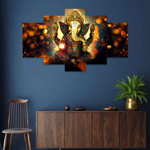 Ganesh Set of Five 3D Framed Paintings for Wall Decoration – Ideal for Home, Living Room, and Bedroom (125 x 60 CM)