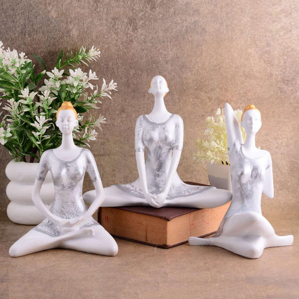 Suitable for home decor Yoga Posture Lady Statue Idol for Home Yoga Statue three pair admirable piece of gift (silver)