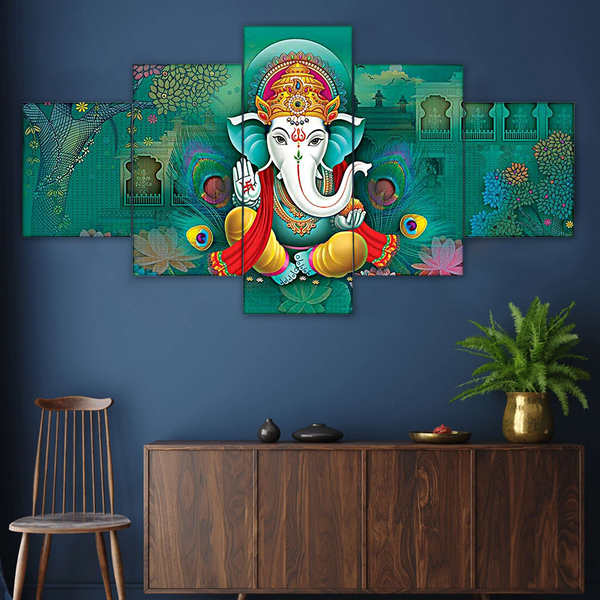 Ganesh Set of Five 3D Framed Paintings for Wall Decoration – Ideal for Home, Living Room, and Bedroom (125 x 60 CM)