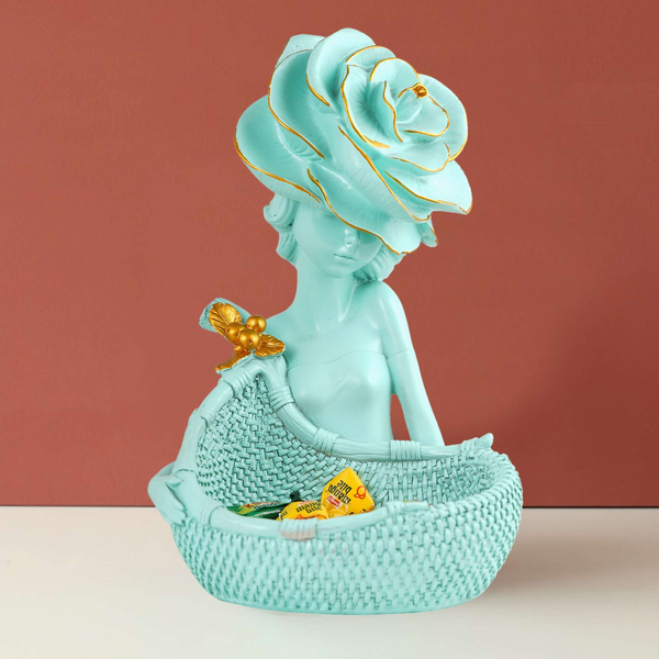 LADY with Basket Showpiece for Home Decor light green Showpiece | Girl Basket Showpiece & Office Decor Showpiece