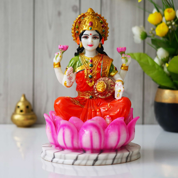 Hindu Goddess Lakshmi Statue Sitting on Lotus Flower (10.5 Inch)