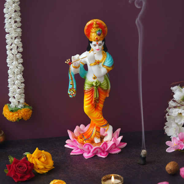 Krishna Playing Flute Statue (11.25 Inches) - Marble God Idols for Home Mandir & Pooja Room