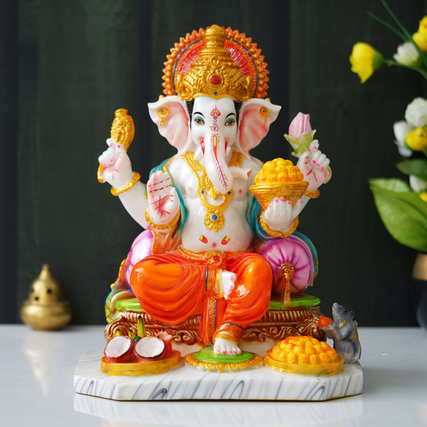 White Marble Dust Ganesh Statue (13 x 10.5 x 8 Inch), Spiritual Home Decor, Ideal for Home Temple or Office