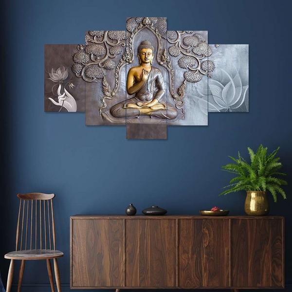 Buddha Set of Five 3D Framed Paintings for Wall Decoration – Ideal for Home, Living Room, and Bedroom (125 x 60 CM)