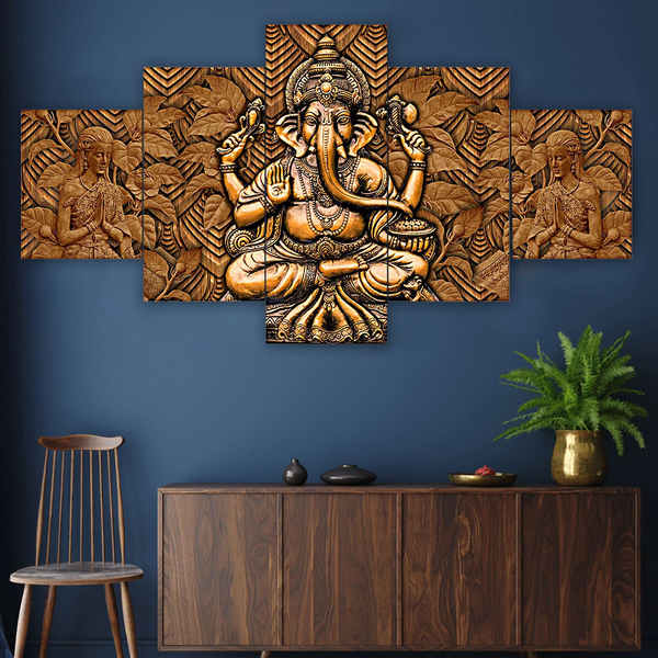 Ganesh Set of Five 3D Framed Paintings for Wall Decoration – Ideal for Home, Living Room, and Bedroom (125 x 60 CM)