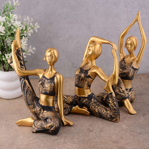 Suitable for home decor Yoga Posture Lady Statue Idol for Home Yoga Statue three pair admirable piece of gift (golden)