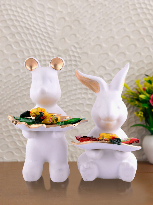 Set of 2 Rabbits in White Decorative Showpiece for Home Decor Showpiece | Home Kitchen Decor | Office Decorative Item – 13 cm