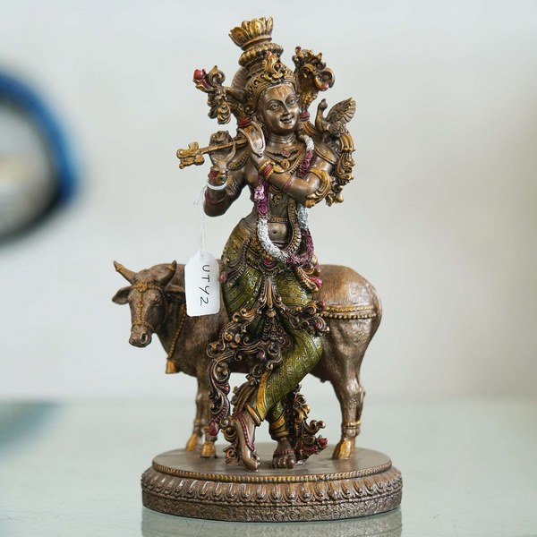 Veronese Design Krishna Playing Flute with Cow Statue