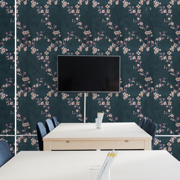 Pink Cherry Blossom Self Adhesive Green DIY Wallpaper for Wall