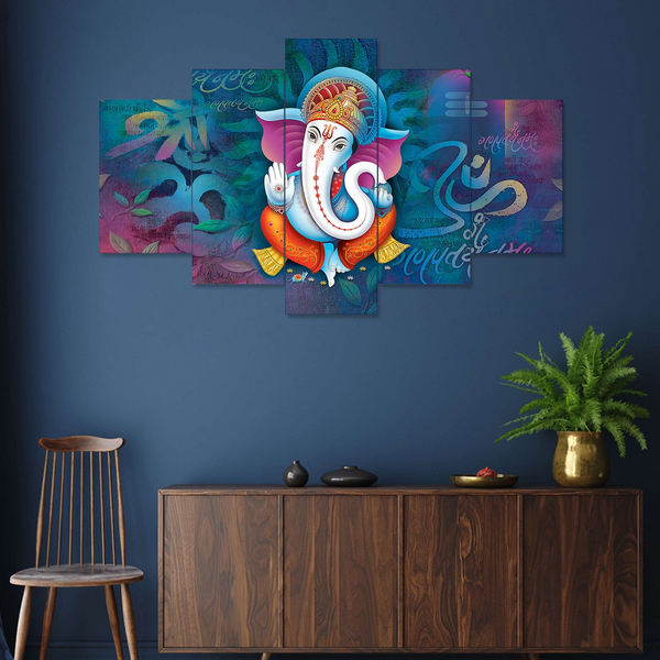 Ganesh Set of Five 3D Framed Paintings for Wall Decoration – Ideal for Home, Living Room, and Bedroom (125 x 60 CM)