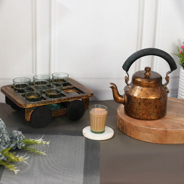 HandPainted Alluminium Tea Kettle with 6 Glasses and Wooden Tray For Home Décor , Tea Party , Serving