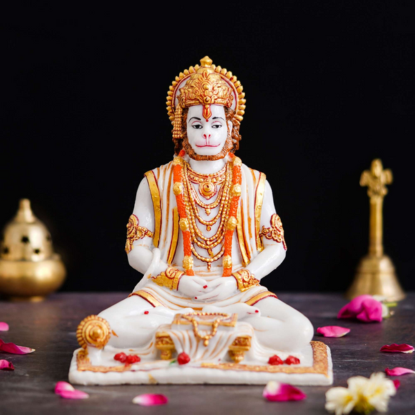 Lord Hanuman Sitting Statue with Gada & Book - Ideal for Home Mandir, Pooja Room & Office