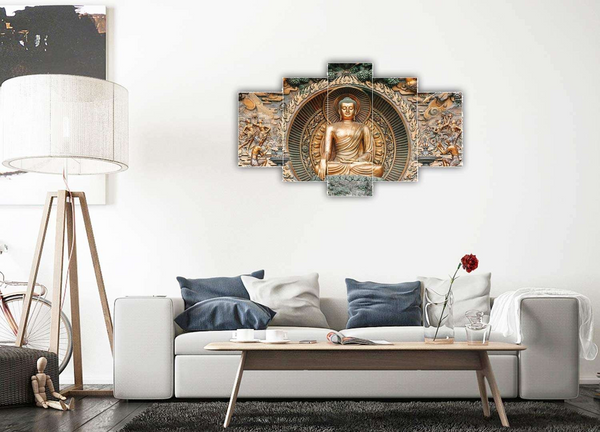 Buddha Set of Five 3D Framed Paintings for Wall Decoration – Ideal for Home, Living Room, and Bedroom (125 x 60 CM)