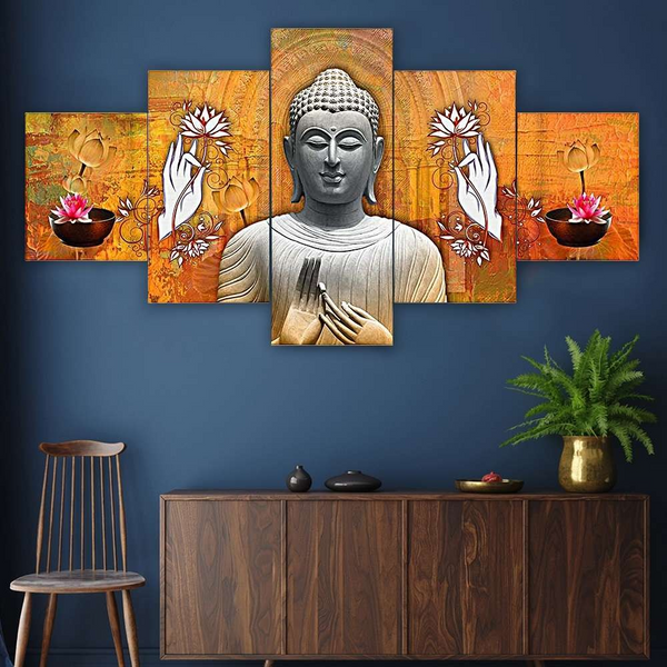 Buddha Set of Five 3D Framed Paintings for Wall Decoration – Ideal for Home, Living Room, and Bedroom (125 x 60 CM)