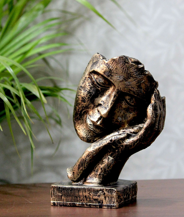 Resin Handcrafted Human Face Design with Hand on Face Decorative Showpiece Figurine, Multicolour