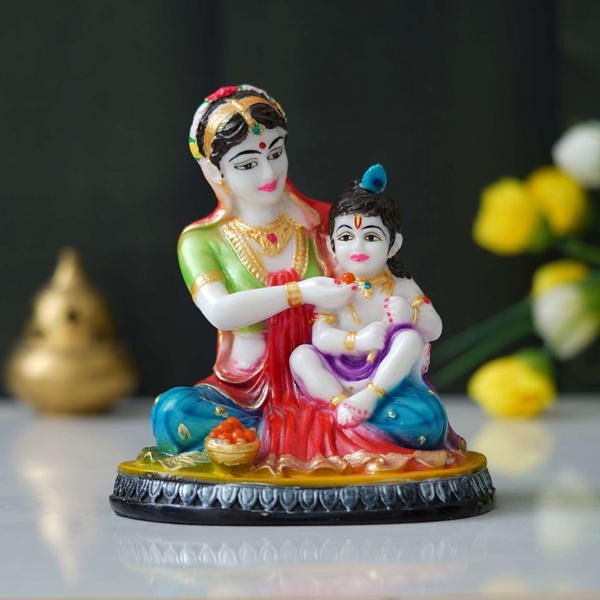 Handcrafted Marble Yashoda and Krishna Statue - 9 Inches