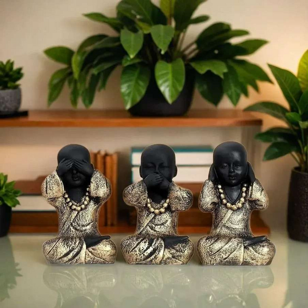 Set of 3 Baby BUddha Monk Decorative Showpiece – (Polyresin, Gold, Black)