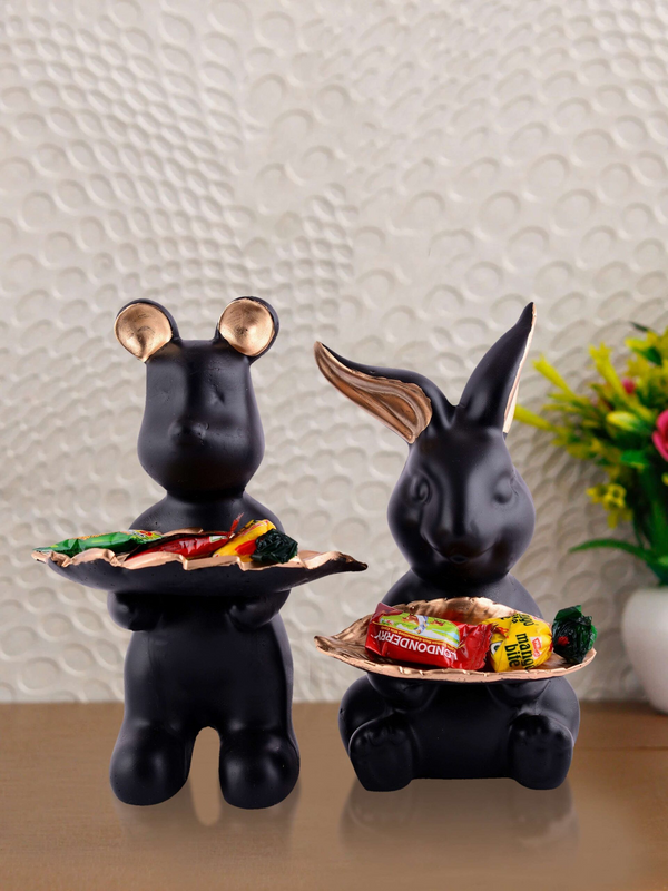 Set of 2 Rabbits in Black Decorative Showpiece for Home Decor Showpiece | Home Kitchen Decor | Office Decorative Item – 13 cm