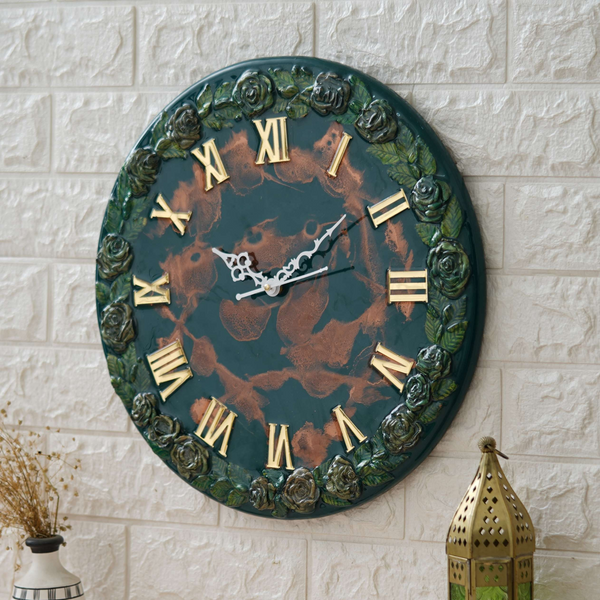 Wooden Handmade Wall Clock Green With Brown Printed Acrylic Wall Clock for Home & Office Decorative Big Size Clock (16 Inch)