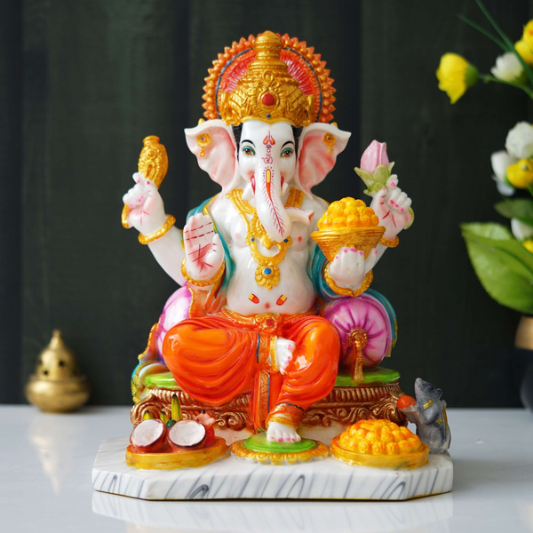 13 Inch White Marble Dust Ganesha Statue