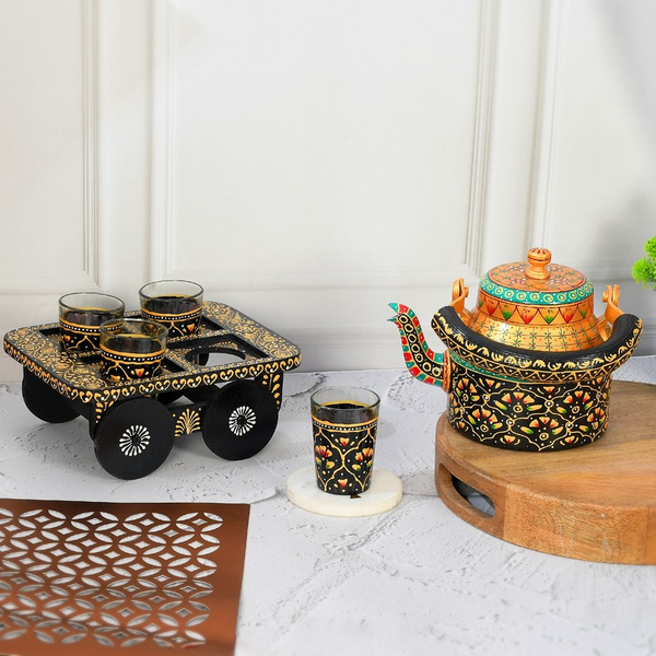 HandPainted Alluminium Tea Kettle with Four Glasses and Wooden Tray For Home Décor , Tea Party , Serving