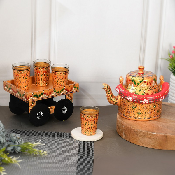 HandPainted Alluminium Tea Kettle with Four Glasses and Wooden Tray For Home Décor , Tea Party , Serving