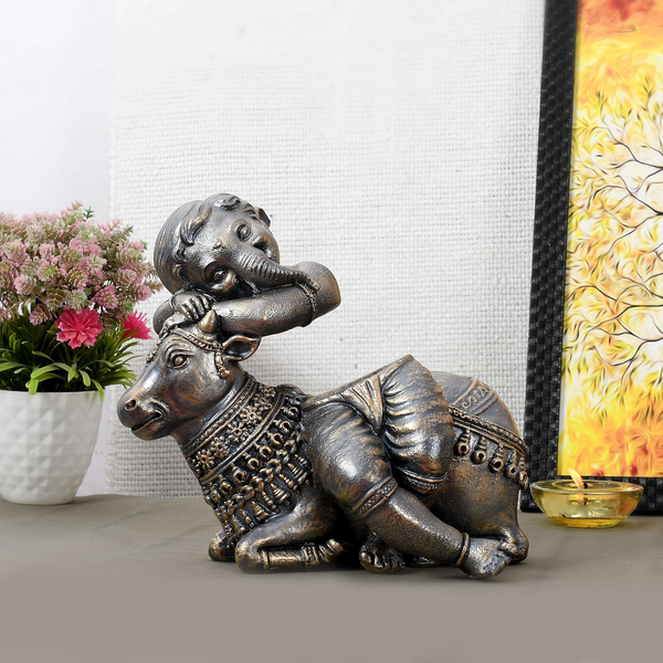 Handcrafted Brass Cow Statue with Ganesha Relief