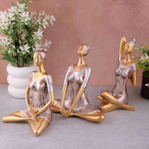 Suitable for home decor Yoga Posture Lady Statue Idol for Home Yoga Statue three pair admirable piece of gift (golden)